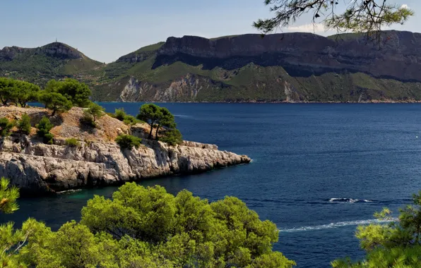 Море, солнце, деревья, горы, скалы, берег, Франция, Provence
