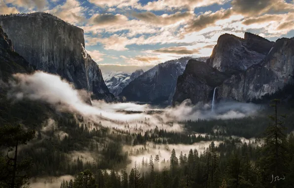 Картинка лес, облака, деревья, горы, California, Yosemite National Park, Национальный парк, Sierra Nevada mountains