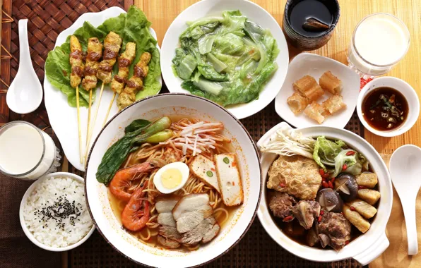 Картинка рис, соус, креветки, японская кухня, блюда, лапша, тофу, шашлычки