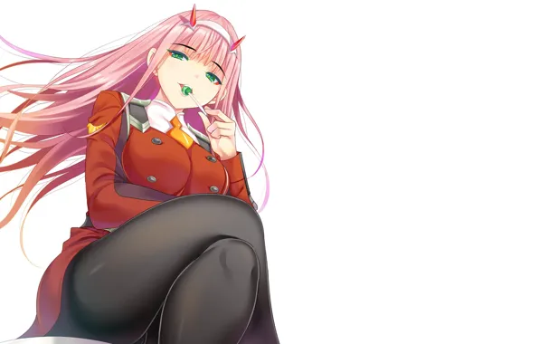 Девушка, аниме, арт, леденец, конфета, сидит, 002, Darling In The Frankxx