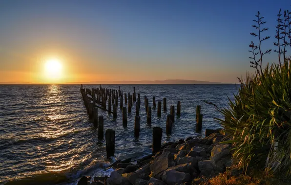 Море, пейзаж, закат, опора