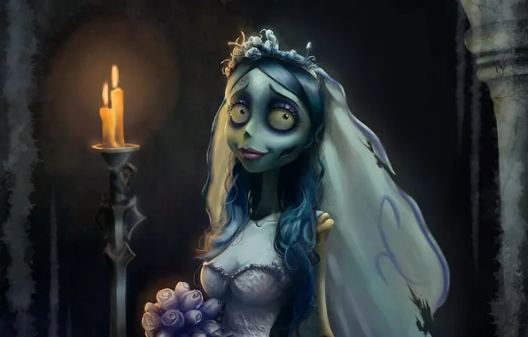 Букет, свечи, платье, невеста, Труп Невесты, Corpse Bride