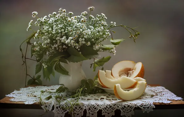 Цветы, натюрморт, дыня