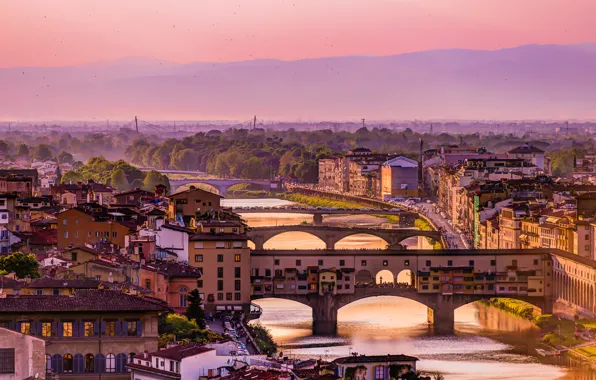 Картинка небо, пейзаж, горы, мост, дома, Италия, Флоренция, река Арно
