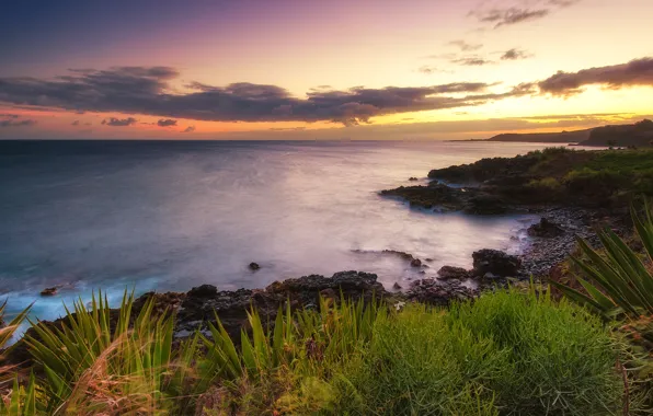 Картинка закат, природа, океан, побережье, Гавайи, Hawaii