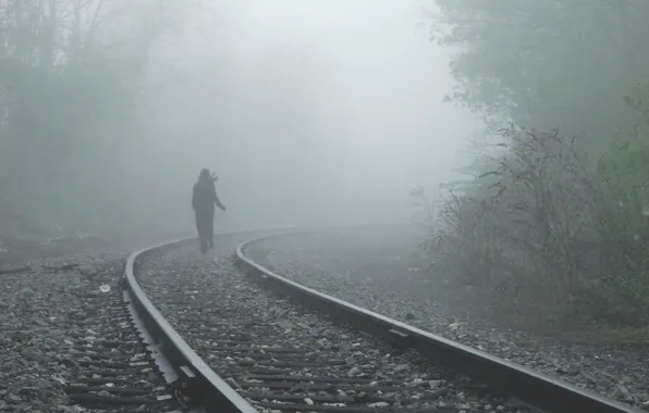 Girl, fog, alone, mood, rails, railroad, I walk a lonely road