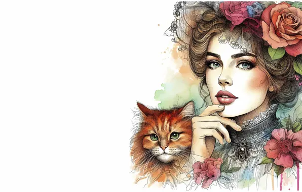 Кошка, кот, девушка, цветы, портрет, белый фон, живопись, имитация живописи
