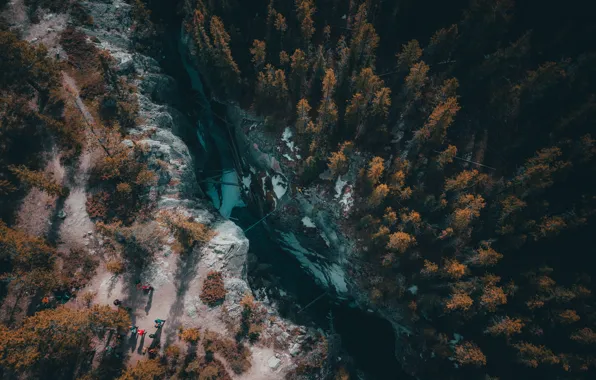 Осень, лес, деревья, река, камни, люди, скалы, высота
