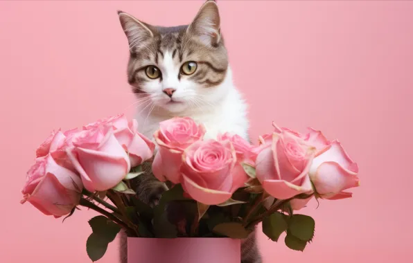 Кошка, взгляд, листья, цветы, поза, котенок, праздник, подарок