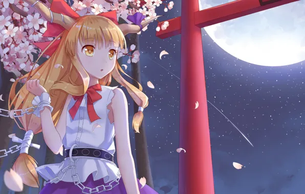 Девушка, ночь, луна, рога, Touhou, Ibuki Suika