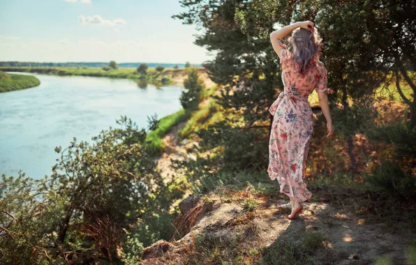 Девушка, солнце, природа, поза, река, фото, модель, волосы