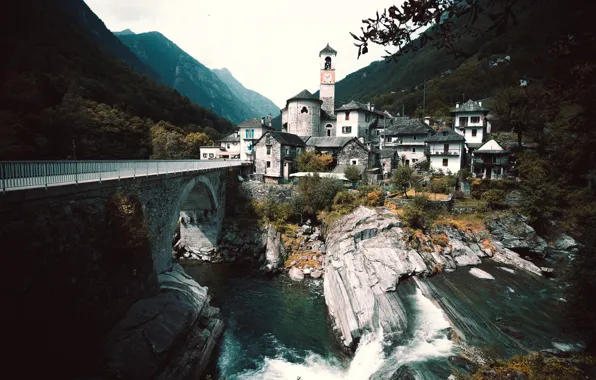 Картинка пейзаж, горы, мост, природа, река, дома, Швейцария, долина
