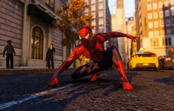 Дорога, люди, улица, такси, Spider-Man, PS4, Человек - паук, Spider-Man (PS4)