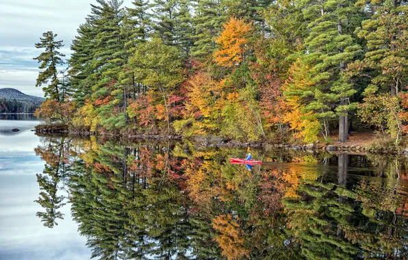 Картинка осень, пейзаж, озеро, лодка