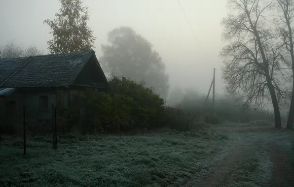 Картинка туман, дом, деревня