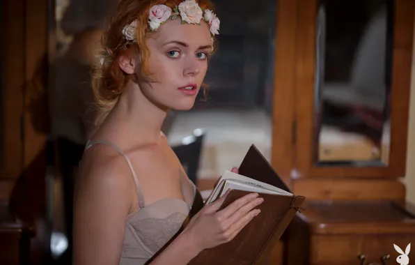 Playboy, flowers, beautiful, model, redhead, book, looking at camera, Kate Ri
