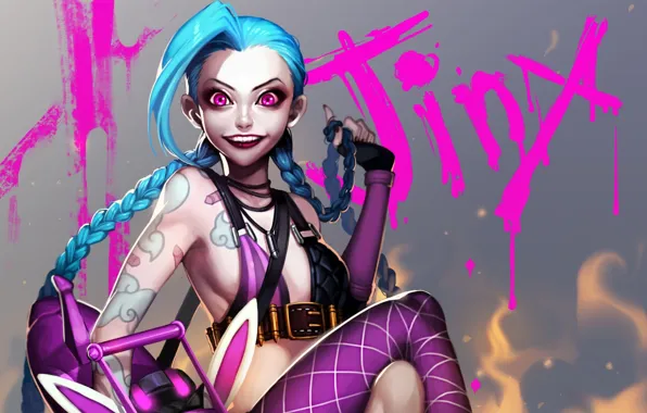 Девушка, арт, татуировки, безумие, League of Legends, LoL, Jinx