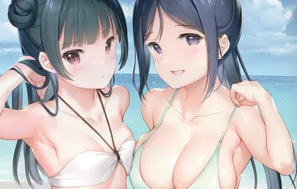 Sexy, cleavage, sky, long hair, sea, girls, boobs, anime