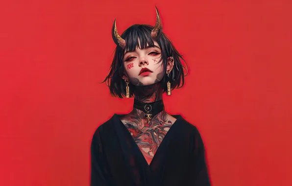 Girl, Devil, Tattoo, Demon, Horn, Anime Girl, AI Generated