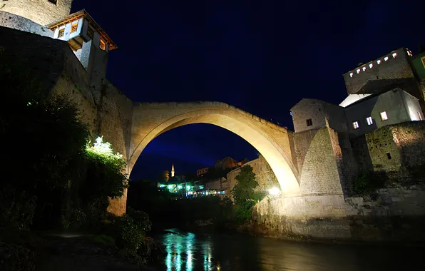 Ночь, мост, огни, река, дома, Босния и Герцеговина, Mostar, Old Bridge