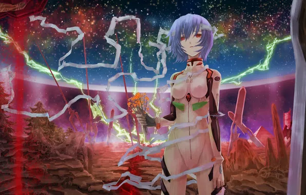 Девушка, звезды, деревья, цветы, оружие, копье, красные глаза, evangelion