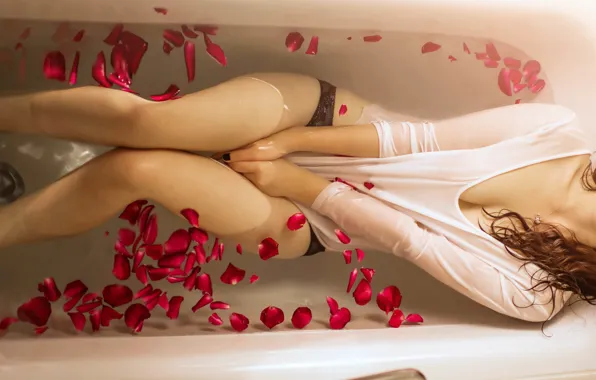 Brunette, 1920x1080, Bathtub, Wet, Bath, Petals