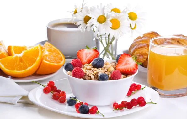Цветы, кофе, еда, завтрак, фрукты