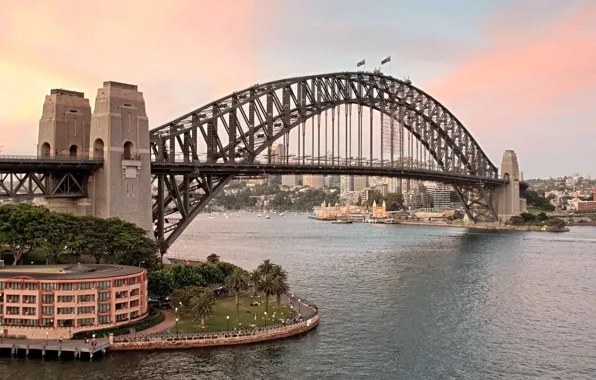 Картинка закат, мост, город, Австралия, залив, Сидней, Australia, Sydney