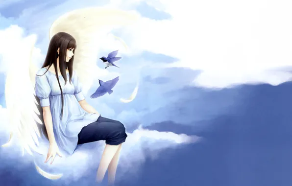 Картинка девушка, облака, птицы, нежность, clouds, Kara no shoujo