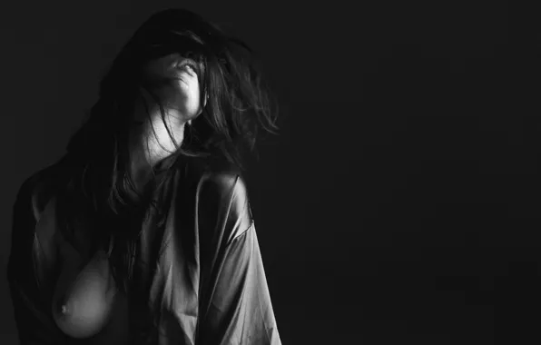 Black & white, boobs, monochrome, hair, dark background, Lauren Summer
