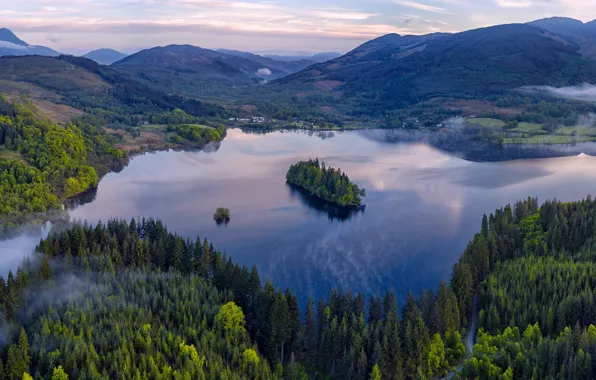Лес, горы, озеро, Шотландия, панорама, Scotland, Грампианские горы, Loch Ard