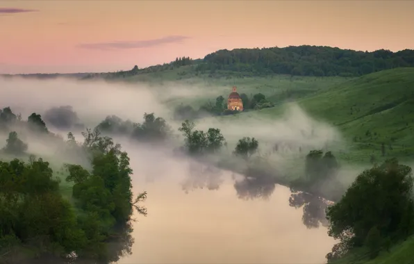 Пейзаж, природа, туман, река, холмы, утро, леса, Алексей Богорянов