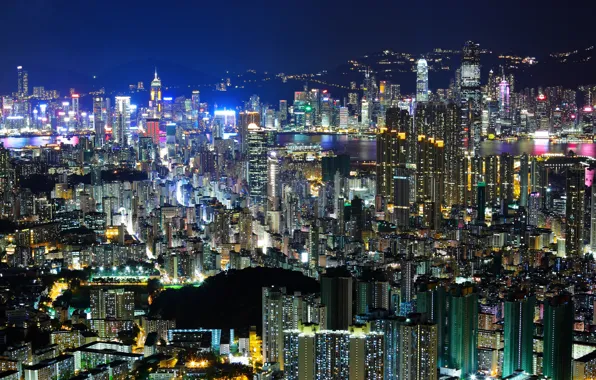 Свет, ночь, город, здания, дома, Гонконг, небоскребы, вечер