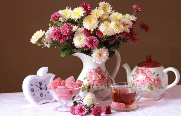 Чай, часы, букет, хризантемы, мармелад