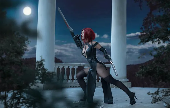 Ночь, луна, костюм, мечи, героиня, Рэйн, BloodRayne 2, Ирина Мейер
