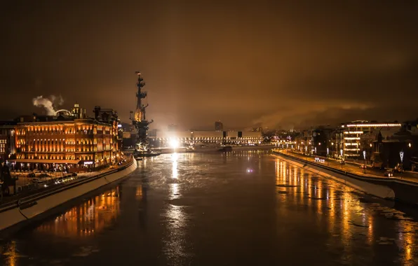 Лед, зима, свет, ночь, река, Москва, Moscow