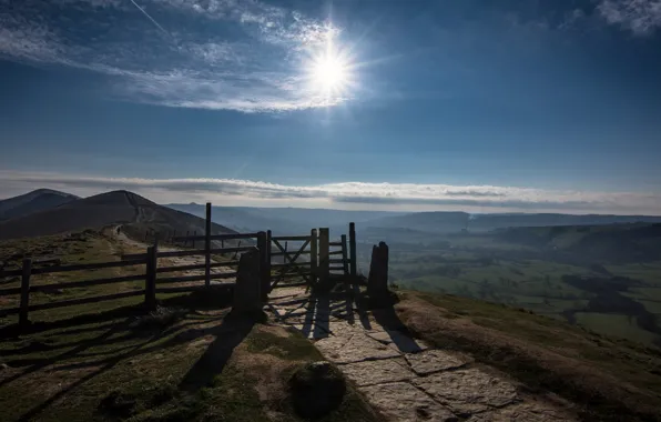 Картинка солнце, забор, Англия, калитка, Peak District