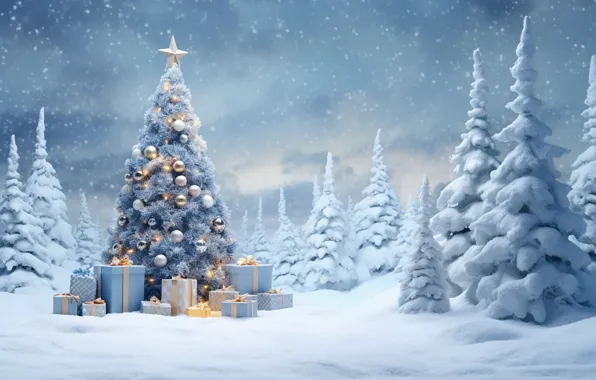 Картинка зима, снег, украшения, елка, Новый Год, Рождество, фонарь, подарки