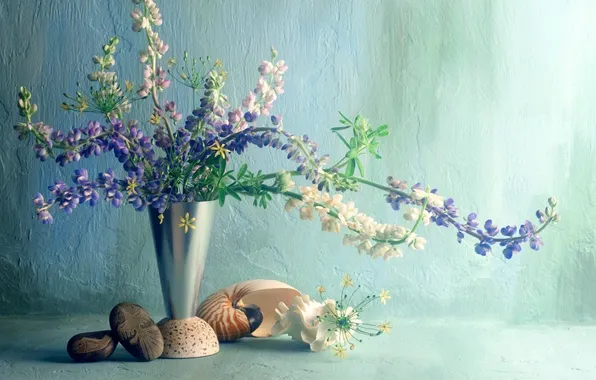 Картинка галька, стена, Цветы, букет, ваза, ракушки