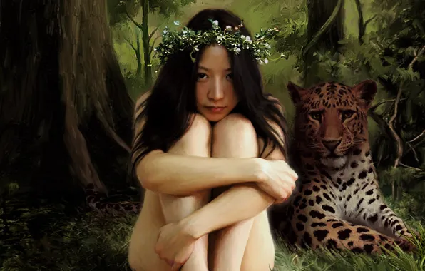 Картинка лес, девушка, леопард, венок