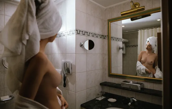 Nipples, boobs, bath, model, women, nude, brunette, reflection