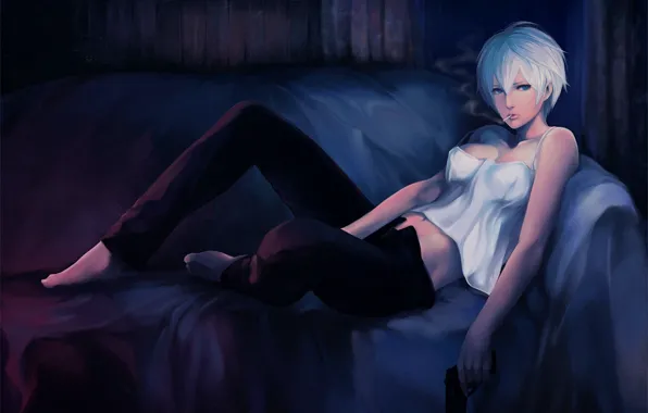 Девушка, пистолет, оружие, диван, сигарета, курит, fate stay night, fate zero