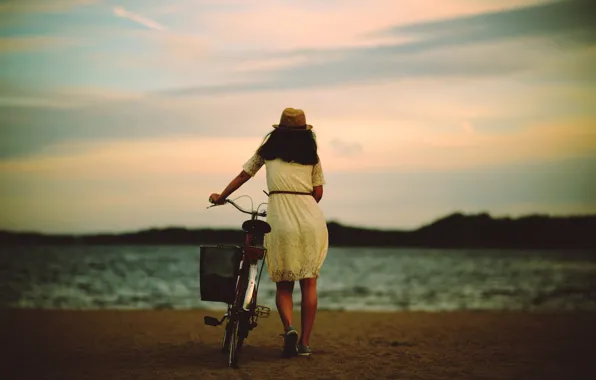 Море, пляж, девушка, велосипед, спина, шляпа, girl, beach