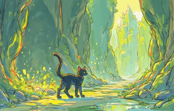 Зелень, кошка, кот, природа, поза, камни, скалы, черный