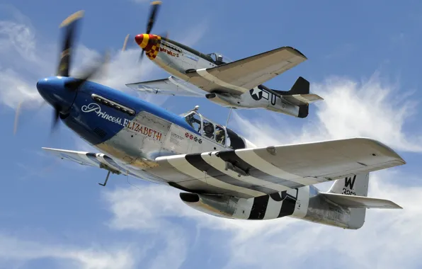 Небо, облака, самолет, надпись, Mustang, истребитель, пилот, P-51