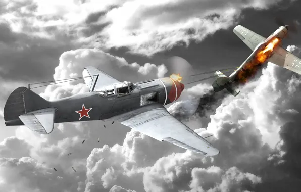 Небо, облака, самолет, война, истребитель, war thunder, Ла-7Б