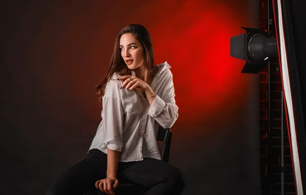 Studio, model, chair, women, jeans, brunette, shirt, white shirt