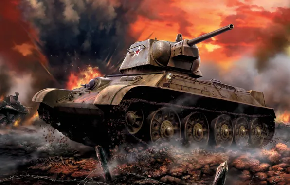 Картинка арт, танк, СССР, сражение, ВОВ, советский, средний, Т-34-76