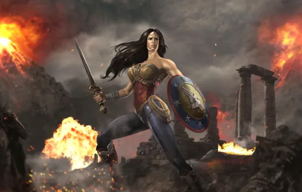 Меч, катастрофа, брюнетка, щит, art, wonder woman, DC Comics, Диана