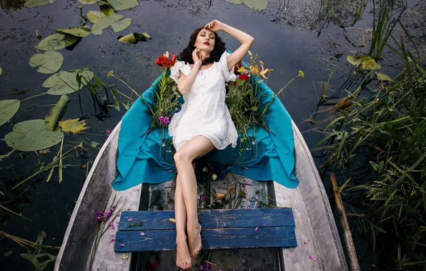 Картинка девушка, озеро, лодка